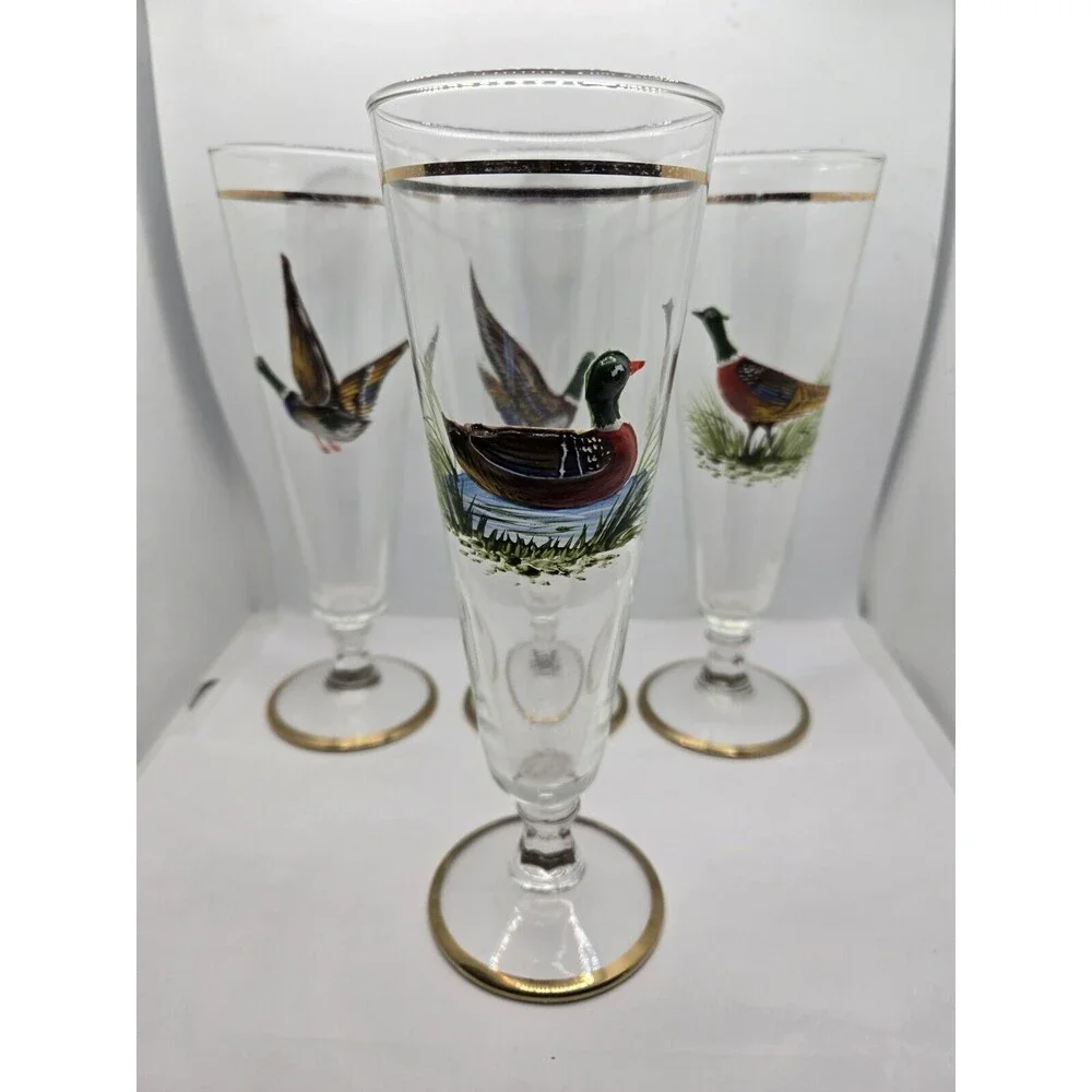 Set of 5 Vintage Wildlife Fowl Birds Pilsner Beer Glasses